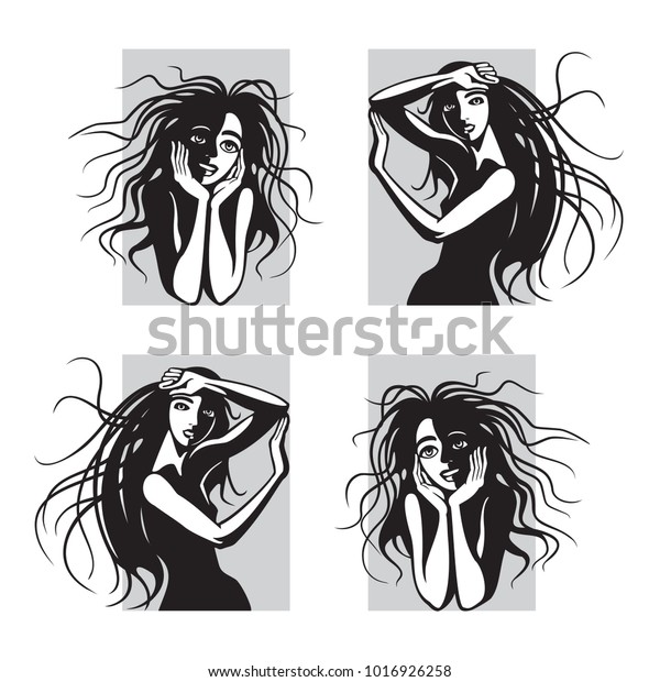 Cute Girls Black Long Hair Young Stock Vector Royalty Free