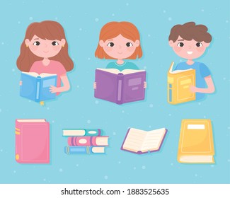 cute girls and boy read books learn knowledge academic design vector illustration