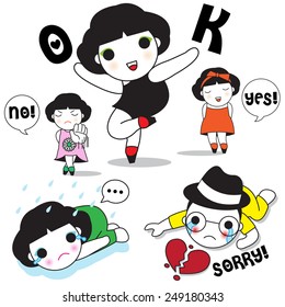 Cute Girls and Boys' Daily Life Character Expressions illustration set