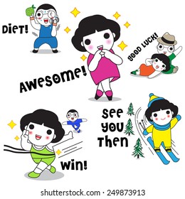 Cute Girls and Boys' Daily Life Character Expressions illustration set