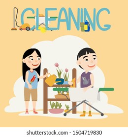 Cute girls and boys doing housework. A family watering indoor plants with pots and ironed the washed clean underwear. Flat cartoon vector