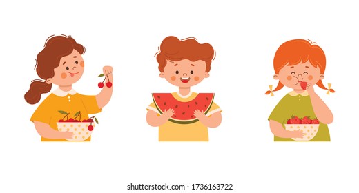 Cute girls and boys eating fresh berries: watermelon, strawberries and cherries. Summer season. Vector illustration in cartoon style on a white background