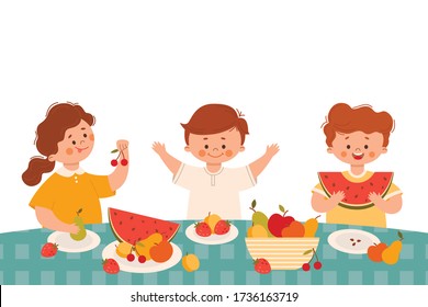 Cute girls and boys eating together at the table fresh berries and fruits: watermelon, strawberries and cherries. Summer season. Vector illustration in cartoon style on a white background