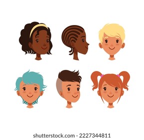 Cute girls and boys heads, view from different angles set. Children creation constructor cartoon vector illustration