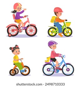 Cute girls and boys riding on bikes. Happy children ride color bicycles. Cartoon students go to school. Little cyclists. Kids transportation. Childish tricycles. Splendid