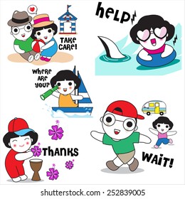 Cute Girls and Boys Summer Holiday Characters Expression illustration set
