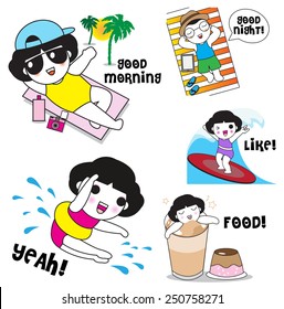 Cute Girls and Boys' Summer Holidays Character Expressions illustration set
