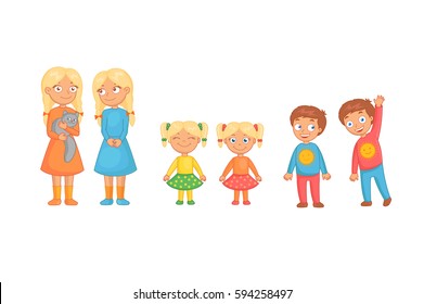 Cute girls and boys twins in dresses Funny bright cartoon character. Vector illustration.