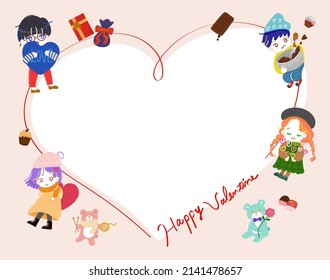 Cute girls and boys with Valentine's motif, bears and sweets frame illustration material
