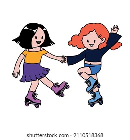 
Cute girls in bright clothes with rollerskates. Colored isolated vector illustration in cartoon style.