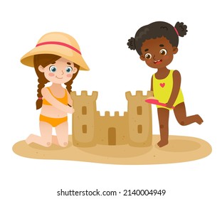 Cute Girls Building Sand Castle On Stock Vector (Royalty Free ...