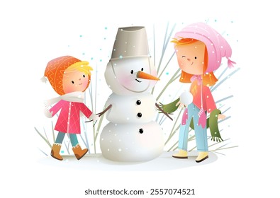 Cute girls building snowman wearing winter clothes for Christmas. Happy kids friends characters, girls play outside with snowman. Vector childhood character illustration for kids.