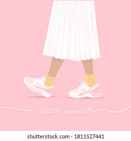 Cute Girls card with text let’s walk. Isolated on pink background. Vector illustration. Skirt, sneakers, feet, socks, lettering, legs, foot, quote, woman, beautiful. Poster, print, sticker design.