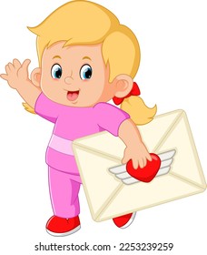 cute girls are carrying big love letters of illustration