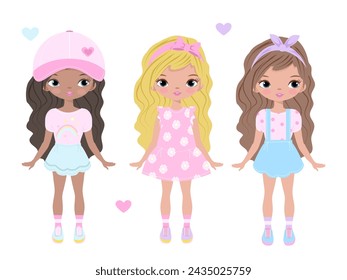 Cute girls. Cartoon girl. Fashion. Dolls. Set, collection. Vector illustration isolated on white background.Poster, print, t shirt design, typography, greeting card, textile. Child, kids, children.