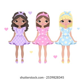 Cute girls. Cartoon girl. Fashion. Dolls. Set, collection. Vector illustration isolated on white background.Poster, print, t shirt design, typography, greeting card, textile. Child, kids, children