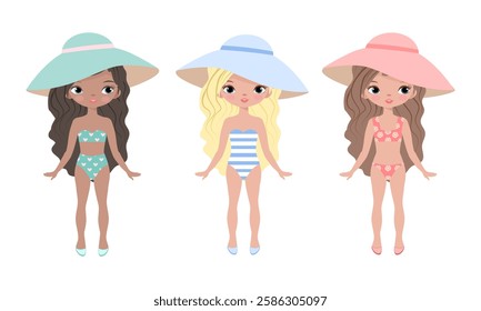 Cute girls. Cartoon girl. Fashion. Dolls. Set, collection. Vector illustration isolated on white background.Poster, print, t shirt design, typography, greeting card, textile. Child, kids, children