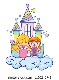 cute girls in the castle with clouds and hearts