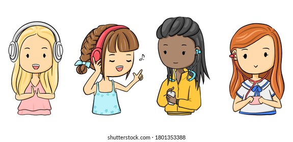 cute girls character illustration are listen to music, using music device headphone.