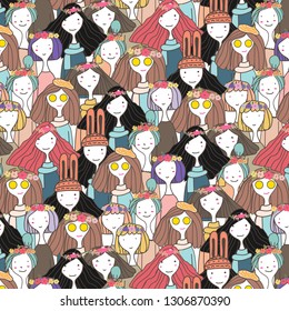 Cute girls character pattern background, Vector illustration. 