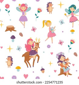 Cute girls, childish fairy pattern. Fantasy baby princess with forest animals, fox and deer wallpaper for nursery, kids and flowers. Decor textile, t-shirt print. Vector seamless tidy background