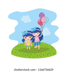 cute girls children with balloons in the landscape