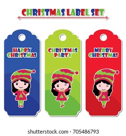Cute girls with Christmas text vector cartoon illustration for Christmas label set design, Xmas banner set and sticker set