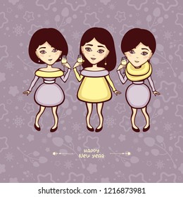 Cute girls in cocktail dresses and with glasses of champagne. "Happy new year" lettering. Holiday party. Template for New Year greeting card.