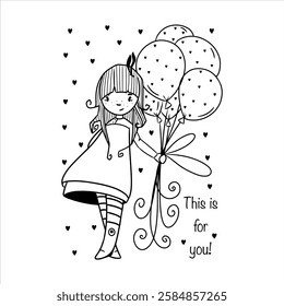 Cute Girls Coloring Pages  Cards - Vector Line Art