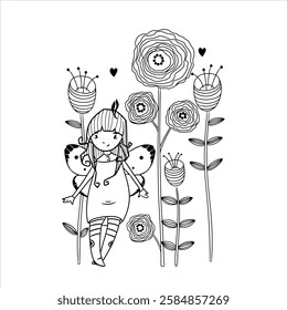 Cute Girls Coloring Pages  Cards - Vector Line Art