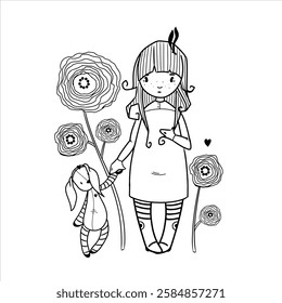 Cute Girls Coloring Pages  Cards - Vector Line Art
