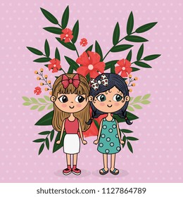 cute girls couple characters with floral decoration