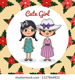cute girls couple characters with floral frame
