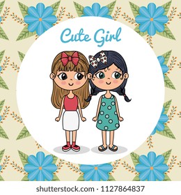 cute girls couple characters with floral frame