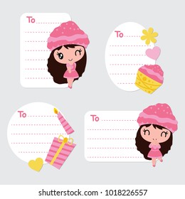 Cute girls, cupcake and birthday gift vector cartoon illustration for Birthday gift tags design, postcard and sticker set