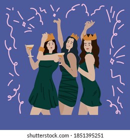 Cute girls dancing and having fun. Vector clipart concept of holidays. People are happy and celebrating the Celebration: New year, Christmas, Birthday, Women's day, Mother's Day. Doodle style