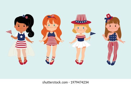 Cute girls of different races wearing 4th of July themed costume. Flat vector design