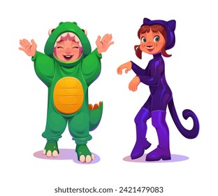 Cute girls in dinosaur and cat costumes isolated on white background. Vector cartoon illustration of children wearing green and black overalls with tails and ears, makeup on face, school theater