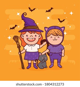 cute girls disguised of witch and cat for happy halloween celebration vector illustration design