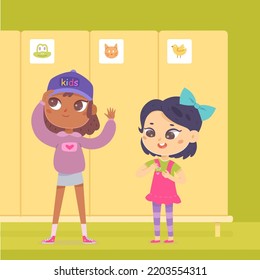 Cute girls dress up in school locker room interior vector illustration. Cartoon female adorable elementary schoolgirls standing together, small students put on baseball cap and dress background