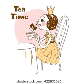 Cute Girls drinking tea with cookies. Tea Time concept and lettering. Vector artwork for a card or t-shirt print. 