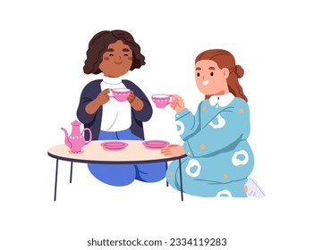 Chicas guapas tomando té en la mesa. Niños pequeños de kindergarten jugando con tazas de juguete, vajilla. Juego infantil preescolar y comunicación. Ilustración vectorial gráfica plana aislada en fondo blanco