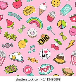 Cute girl's elements, foods and positive wording seamless pattern background.