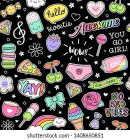 Cute girl's elements and inspiration quotes seamless pattern on black background.