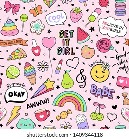 Cute girl's elements and inspiration quotes seamless pattern on pink background.