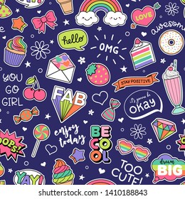 Cute girl's elements and inspiration quotes seamless pattern background.