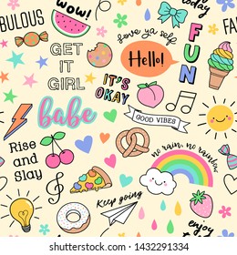 Cute girl's elements and inspiration quotes seamless pattern background.