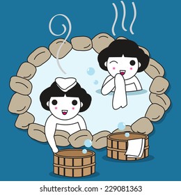 Cute Girls Enjoy Soaking in the Hot Spring Bath illustration set