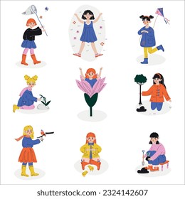 Cute Girls Enjoying Spring Season Planting Tree, Catching Butterfly and Flying Kite Vector Set