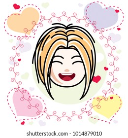 Cute girls face, human head. Vector blonde character, smiling girl face features.